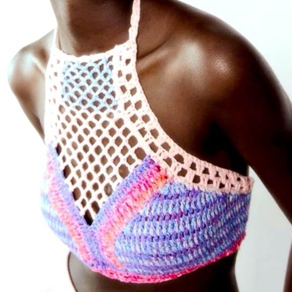 Zara crochet halter cropped top lavender pink cream boho open back high neck - Picture 8 of 8